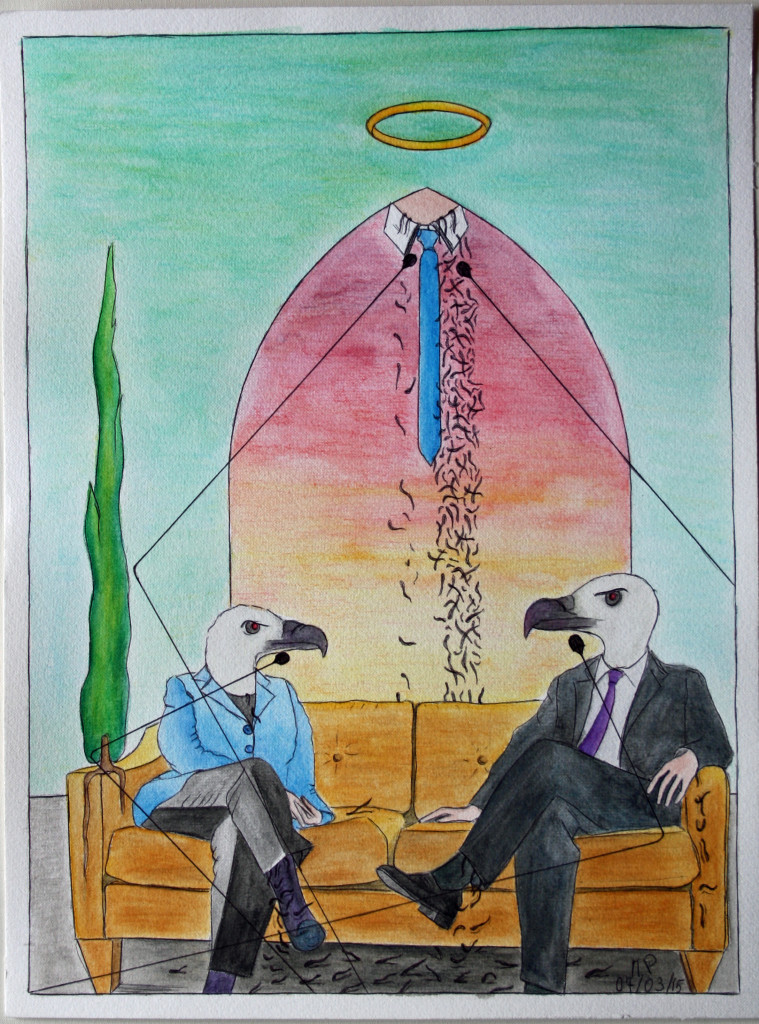 Incontro diplomatico (Diplomatic meeting), 04/03/2015 disegno a penna e acquerello (pen drawing and watercolor), cm 30x40, Pasquale Mastrogiacomo, Acerno (SA).