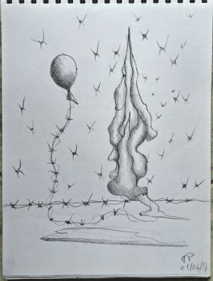 Filo spinato con palloncino e cipresso, 2024 disegno a matita su foglio A4, Pasquale Mastrogiacomo.